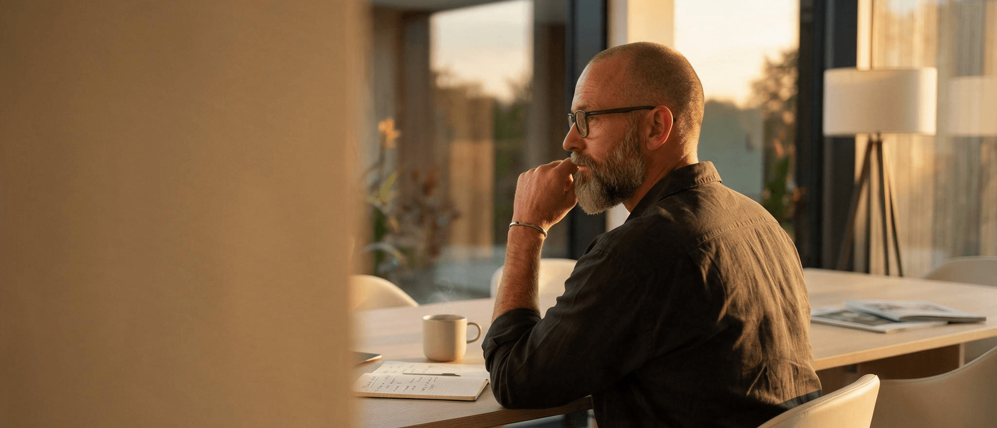 Man i skägg snett bakifrån vägg i förgrunden